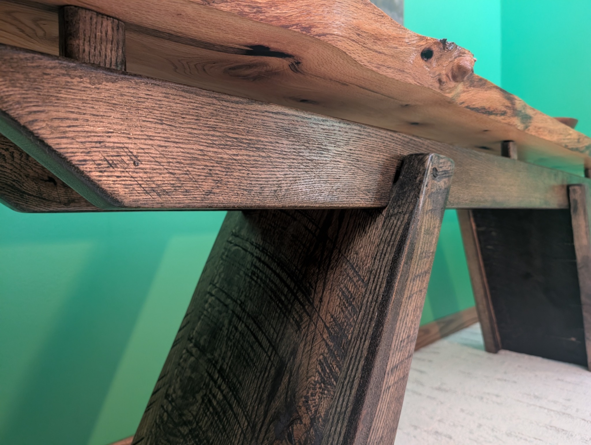 Close view of the angled structural joinery