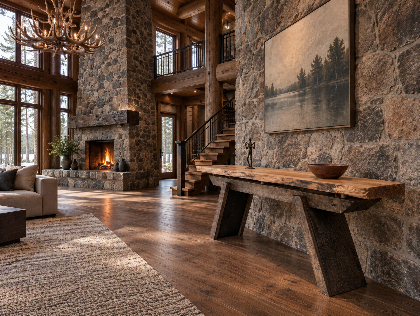 Lifestyle visualization of The Cabinetmaker’s Disappointment in a monumental log-and-stone room